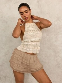 Swim Glamine 女士时尚休闲松紧腰荷叶边下摆连体衣 - 卡其色 - 查看 7