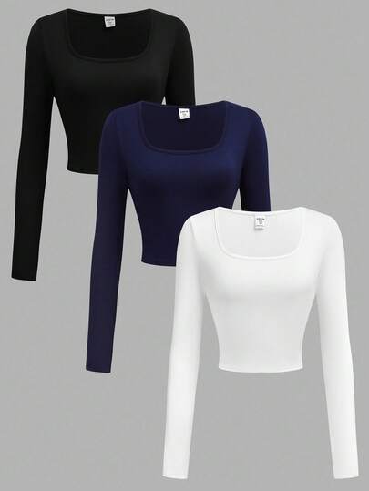 SHEIN Girlism Confezione multipla di magliette casual versatili a maniche lunghe, collo rotondo, aderenti, in maglia tinta unita, adatte per ragazze adolescenti