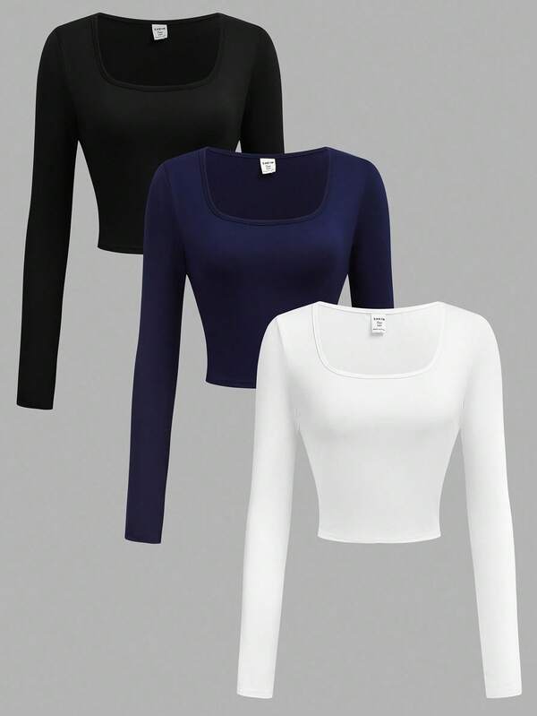 SHEIN Girlism Teen Girls' Solid Color Round Neck Knit Snug Fit Long Sleeve All-Match Casual Versatile T-Shirt Multipack Fall Winter