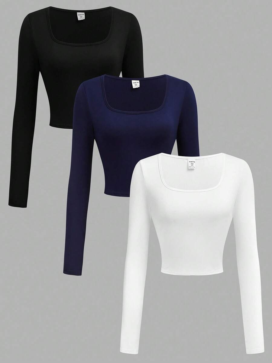 SHEIN Girlism Teen Girls' Solid Color Round Neck Knit Snug Fit Long Sleeve All-Match Casual Versatile T-Shirt Multipack Fall Winter