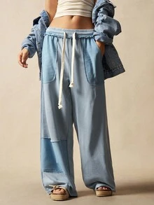 Bohemela Quần nỉ ống rộng dệt kim trơn màu phong cách BOHO dành cho nữ - Màu xanh nhạt - Xem 5