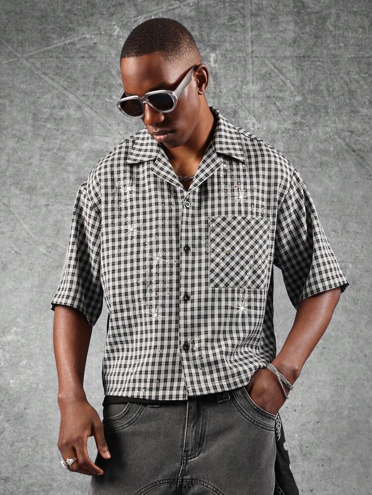 Checked Crop Button Down Shirt With Sparkle Details
