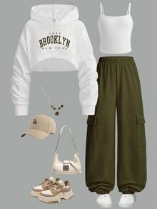 Sparklyn 3pcs/Set Casual Loose Letter Print Hoodie Sweatshirt, Knit Camisole, And Green Knit Cargo Pants For Teenage Girls, Suitable For Spring, Autumn And Winter Fall