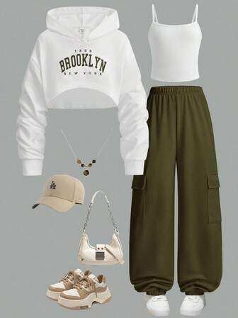 3 件套休闲宽松字母印花连帽卫衣、针织吊带背心和绿色针织工装裤，适合青少年女孩，适合春秋冬季