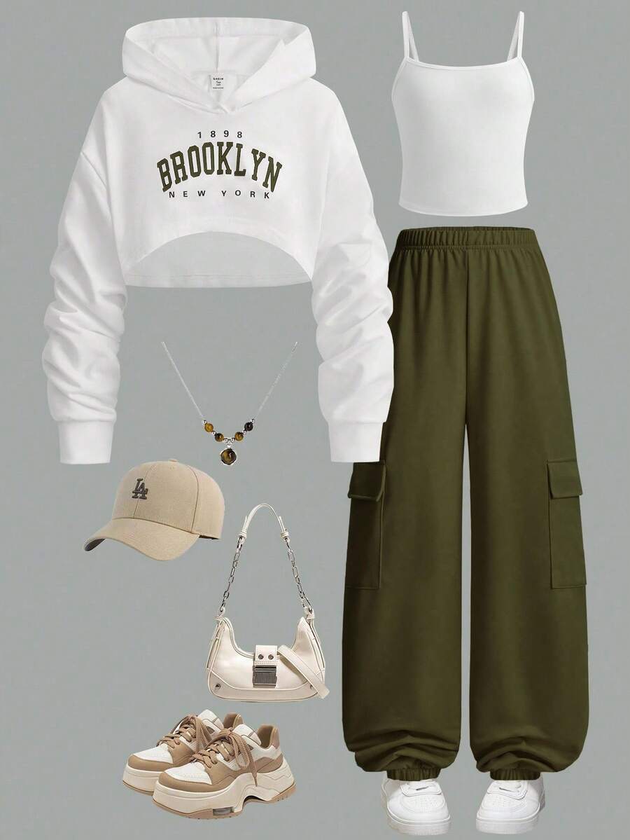 Sparklyn 3pcs/Set Casual Loose Letter Print Hoodie Sweatshirt, Knit Camisole, And Green Knit Cargo Pants For Teenage Girls, Suitable For Spring, Autumn And Winter Fall