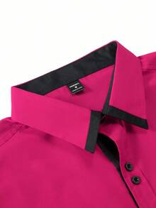 Manfinity Mode Men's Contrast Color Long Sleeve Single-Breasted Pocket Casual Formal Shirt,Fall - Hot Pink - View 5