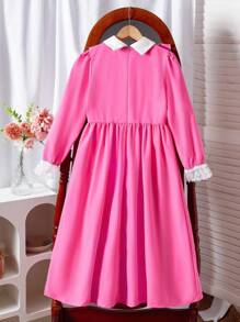 Tween Girls' 1 Piece Dress With Contrasting Color Cuff Ruffle Design, Fit-And-Flare Silhouette, Pink And White, Autumn, Elegant, Wedding Guest Party - Pink - View 2