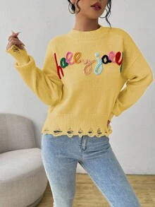 SHEIN Unity 女士圆领长袖彩色字母做旧休闲针织毛衣 - 淡黃色 - 查看 6