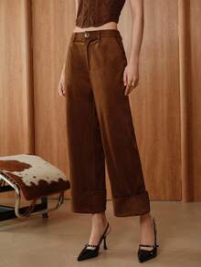 Almamuse Calça Casual Feminina com Botão de Metal e Abertura Frontal Perna Larga