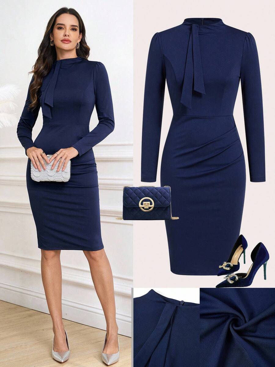 Gownix Vestido de fiesta elegante de unicolor y ajustado de longitud media para mujer - Azul - Ver 1