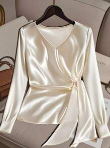 Franclia Women's Commuting Loose Long Sleeve Poplin Cinched Waist Fashionable Shirt Fall Cloth For Women - Apricot - View 3