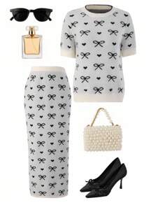 Rafferiza Neuer koreanischer Stil eleganter Schmetterlingsdruck Rundhals Kurzarm Pullover & hochtailliger Bodycon Rock 2 Stücke Set für Frauen für Frühling/Sommer