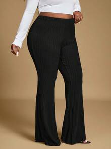Hourglow Ceceforeign_ Plus Size Elastic Waist Casual Wide Leg Long Ribbed Flare Pants, Suitable For Autumn And Summer, For Hourglass Body Shape