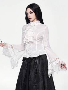 ROMWE EDITION Gothic Dark Style Lace Bell Sleeve Hem Women Blouse, Suitable For Halloween