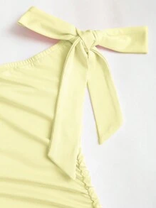 Sweetra Váy xếp ly ôm sát cổ bèo nhún không đối xứng thắt nút thường ngày mùa hè dành cho nữ - Màu vàng ngỗng - Xem 4