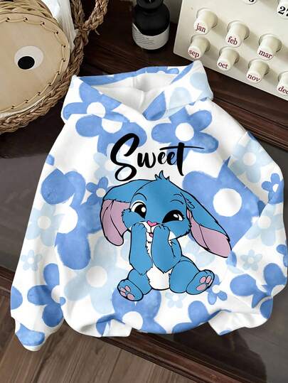 SHEIN EZwear Kawaii Cartoon Blue Rabbit Lulu & Stitch Pattern, Blue Ombre Floral, Tween Girl Casual Loose Fit Crew Neck Comfortable Long Sleeve Sweatshirt, Suitable For Autumn/Winter, Vacay Vibes, Sunny Journey, Casual Outfits Spring, Summer Getaway, Momentos En Familia, Cute Y2K Coconut Girl Boho Vacation Springbreak Brunch-Ready Baby Blue Girls Trip, Neon Beach Vibes, Bohemian Hippie Music Festival