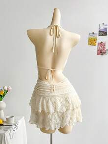 Soleia Đầm ngắn hở lưng cổ xếp ly gợi cảm, hai lớp, viền kim loại, trang trí khóa kim loại, thích hợp cho kỳ nghỉ, lễ hội âm nhạc, phong cách Bohemian, hẹn hò ngày lễ, trà chiều, du ngoạn, bãi biển, mùa hè - Màu be - Xem 2