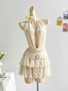 Soleia Đầm ngắn hở lưng cổ xếp ly gợi cảm, hai lớp, viền kim loại, trang trí khóa kim loại, thích hợp cho kỳ nghỉ, lễ hội âm nhạc, phong cách Bohemian, hẹn hò ngày lễ, trà chiều, du ngoạn, bãi biển, mùa hè - Màu be - Xem 6
