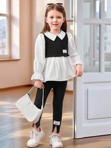 SHEIN 2 piezas Conjunto de blusa con mangas abullonadas y pantalones de bloque de color elegante para niña joven