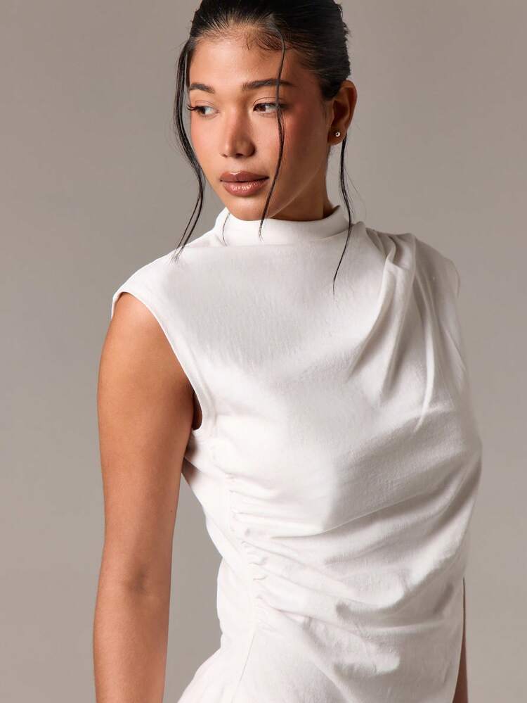 Draped Ruched Mock Neck Sleeveless Top With Asymmetrical Hem
