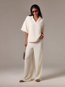 AiiRZ 罗纹针织 Polo 领两件套家居服套装阔腿裤冬秋季休闲套装舒适优雅家居休闲服 - 杏色 - 查看 1