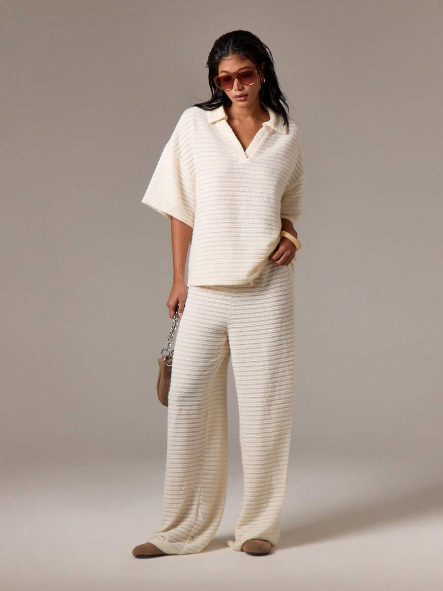 AiiRZ 罗纹针织 Polo 领两件套家居服套装阔腿裤冬秋季休闲套装舒适优雅家居休闲服 - 杏色 - 查看 1