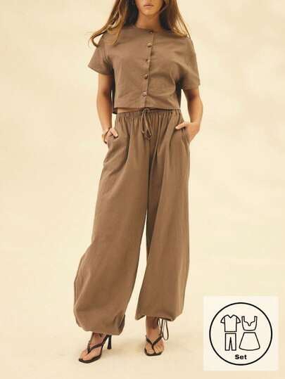 Aralina Fall/Winter 2pc Crew Neck Short Sleeve Button Up Shirt And Wide Leg And Balloon Style Transformable Pants Set For Women For Christmas Day Or Vacation