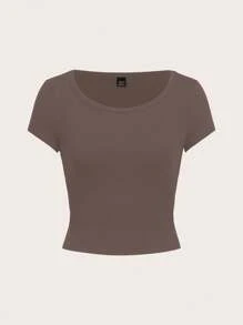 SHEIN EZwear Áo thun nữ cổ tròn tay raglan màu nâu tối giản, thoải mái, màu đen, phù hợp cho mùa hè - màu nâu - Xem 2
