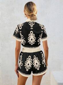 SHEIN VCAY 2pcs Women Vacation Print Tied Collar Hem Bowknot Shirt And Pants Set - Black - View 2