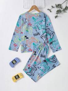 2pcs/Set Boys' Video Game Print Long Sleeve Pajama Set Boys Gamer Pajamas Fall Winter - Baby Blue - View 2