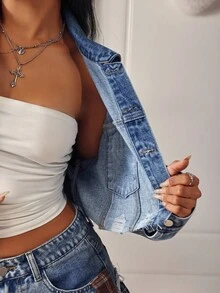 SHEIN Tall 高腰破洞磨边水洗牛仔夹克 - 中等水洗藍 - 查看 6