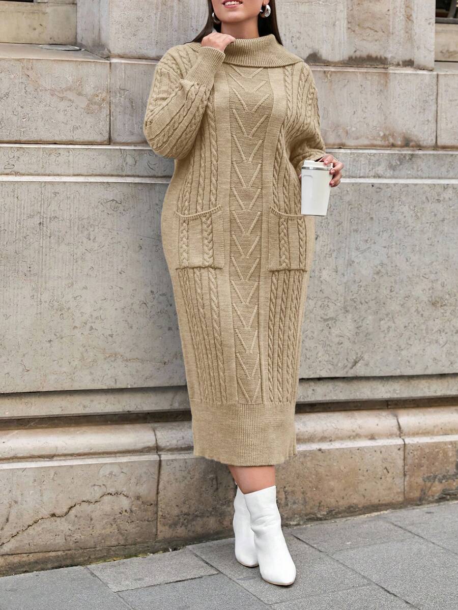 EURMUSE PLUS SIZE SPEACIAL DESIGN SWEATER DRESS Comfortable Dress Modest Dress - Beige - View 1