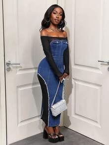 SHEIN BamGlam Robe en jean fendue à franges en maille noire élastique sexy pour femmes - Jean bleu - Voir 7