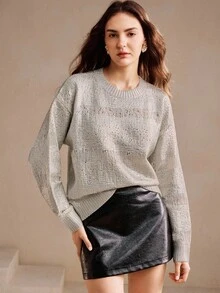 Anewsta Elegant Grey Oversized Sweater With Metallic Foil Decor,Casual Chic Knitwear For Autumn Brunch,Fall,Winter,Party,New Year,Christmas,Work,Wedding - Silver - View 5