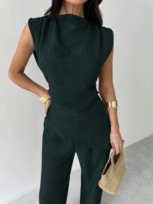 Firerie Khaki Minimalist Elegant Casual Commute Office Outfit: Sleeveless Asymmetric Ruched Waist Women's Blouse + Regular Ruched Wide Leg Women's Pants, Linen Commute Suit, Beach Outfits For Women, Airport Outfit, Vacation Outfits, Teacher Outfit - Teal Blue - View 3