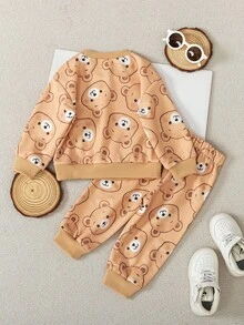 2 件套婴儿服装套装 - 圆领运动衫和裤子，适合日常穿着和休闲 - 卡其色 - 查看 2