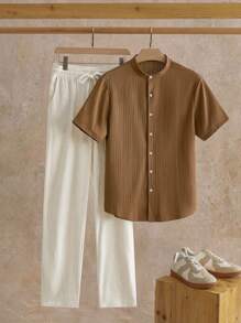 HIMLAND 2pcs/Set Men's Casual Stand Collar Short Sleeve Shirt & Pants Set, Cozy Outfits