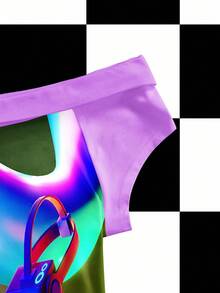 Shutterstock Colorblock Dopamine Pixel Gradient Donut Palm Sculpture Speaker Y2K Neon Digital Print Sexy Crop Top Off Shoulder T-Shirt Rave Top Graphic Tops Rave Tops Graphic Tee - Multicolor - View 3