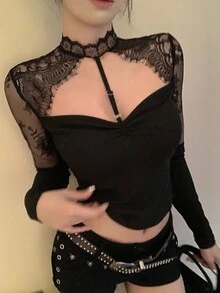 DAZY Tricou de damă cu mânecă lungă, model slim, cu guler fals, dantela, model patchwork, scobit în interior, semi-transparent, sexy, slim fit