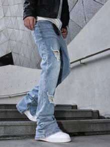 Manfinity Roughcore 男式休闲破洞洗水牛仔裤