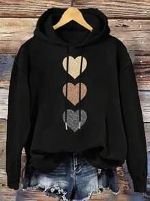Mellowie Heart Printed Plus Size Drop Shoulder Drawstring Hoodie Sweatshirt, Thick Fabric, Suitable For Autumn/Winter Fall