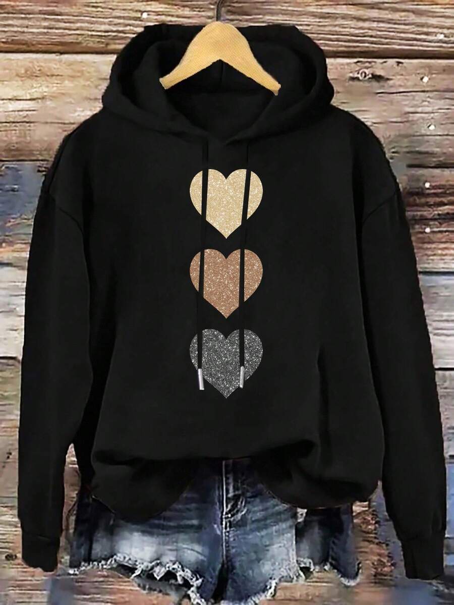 Mellowie Heart Printed Plus Size Drop Shoulder Drawstring Hoodie Sweatshirt, Thick Fabric, Suitable For Autumn/Winter Fall