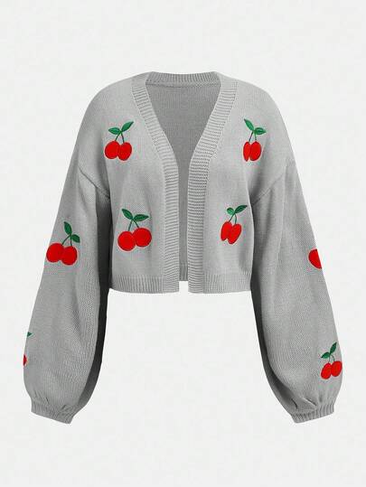 SHEIN Girlism Teen Girls' Grey & Red Cute Cherry Fruit Embroidery Versatile Knit Cardigan Sweater Jacket,In Fall/Winter