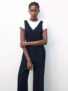 Maija Women's Dark Blue Denim Jumpsuit High Waist Straight Pants Back Bow Tie Can Be Worn As A Fashionable Single Item Fall-Appropriate Jumpsuits Casual Outfit - Dark Wash - View 6