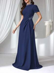 Coutiva Formal Evening Gown Dress For Women (Heavy Embroidered) - Navy Blue - View 3