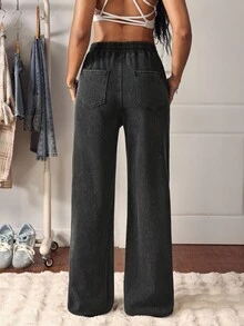 SHEIN Tall Tall Elastic Waist Washed Straight Leg Jeans - Dark Grey - View 2