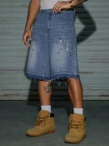 AXEPEAK Men's Washed Loose Casual Rhinestone Embellished Shorts - Light Wash - View 4