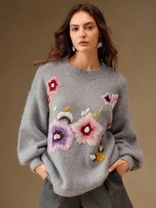 Anewsta Women's Embroidered Floral Knit Pullover Sweater,Gray,Autumn,Elegant,Brunch,Chic Fall Winter Formal Party New Year Christmas Work Wedding - Grey - View 4