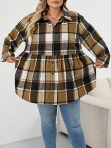 SHEIN CURVE+ Curve Plus Plaid Print Drop Shoulder Shirt,Fall,Baggy Shirts,Fall Tops,Fall Loose A-Line Hem Plus Size Blouses Plus Size Earthy Tops Plus Size Plaid Jacket Plus Size Fall Tops Plus Size Plaid Tops Fall For Women,Winter,CURVE PLUS/Autumn /Winter