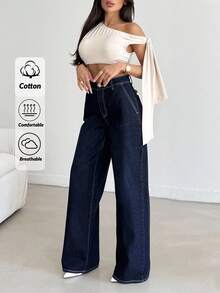 SHEIN Cottnline Women's Loose Flare Leg Pockets Casual Versatile Denim Jeans Women Summer Clothing Woman S Summer Clothes Women Summer Sets - Dark Wash - View 1